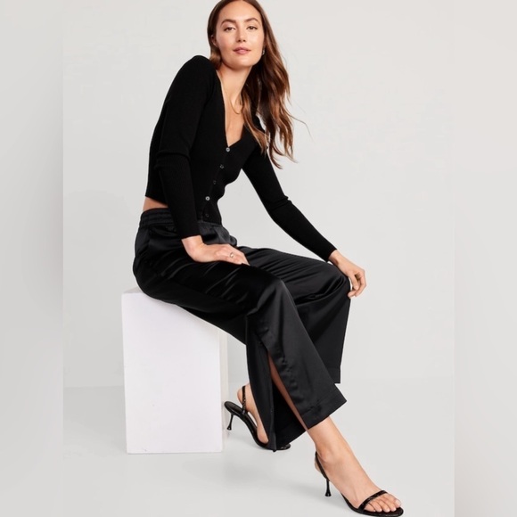 NWT! Black Mid-Rise Wide-Leg Satin Track Pants for Women - Size 2X  🔹 - Picture 3 of 9